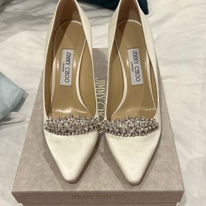 Jimmy Choo Women's White Romy 85 Ivory Satin Pointy Toe Pumps With Crystal Tiara